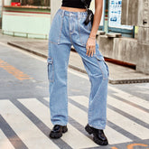 Washed Semi Elastic Personality Denim Cargo Pants Casual Pants